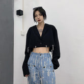 Chaqueta negra grunge de gran tamaño con costuras de cadena
